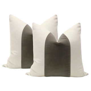22" Dove Gray Velvet Panel and Linen Pillows - A Pair For Sale