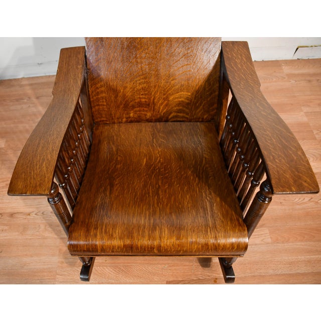 1900 - 1909 1900s Antique Mission Arts & Crafts Tiger Oak Wood Rocking Chair For Sale - Image 5 of 10