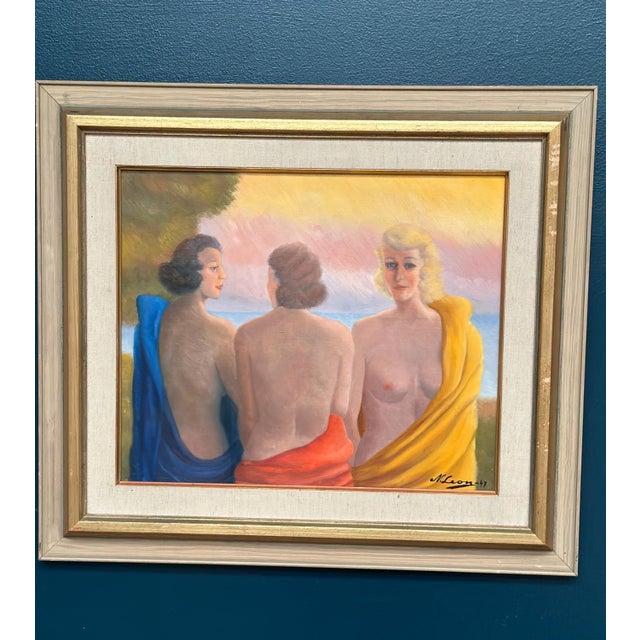 N. Leon, Three Women, 1947, Oil Painting on Panel, Framed For Sale - Image 8 of 18