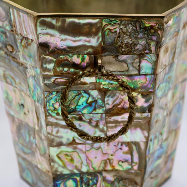 Metal 1960s Mid-Century Modern Mexican Brass & Mosaic Abalone Shell Hexagonal Ice Bucket For Sale - Image 7 of 10