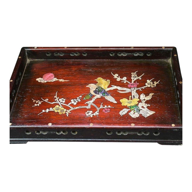 Wooden Tea Tray With Mother-of-Pearl Bird and Floral Inlay For Sale