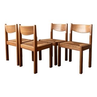 Mid-Century Elm and Rush Dining Chairs by Maison Regain, 1970s, Set of 4 For Sale