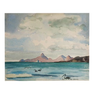 Early 20th Century Jessie Arms Botke Coastal Landscape Watercolor Painting For Sale