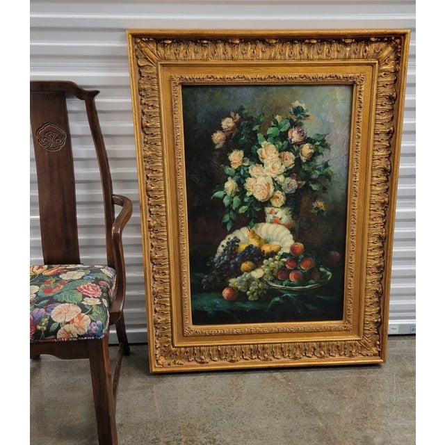 Large, 49" high framed, oil on canvas still life of a vase filled with pink roses, a cornucopia overflowing with pears and...