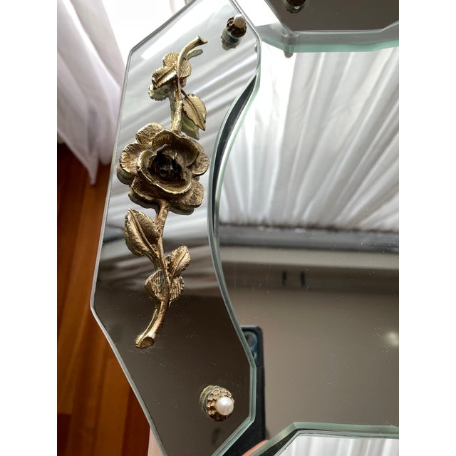 Glass Vintage 1940s French Style Hollywood Regency Beveled Vanity Mirror With Gilt Floral Accents For Sale - Image 7 of 10