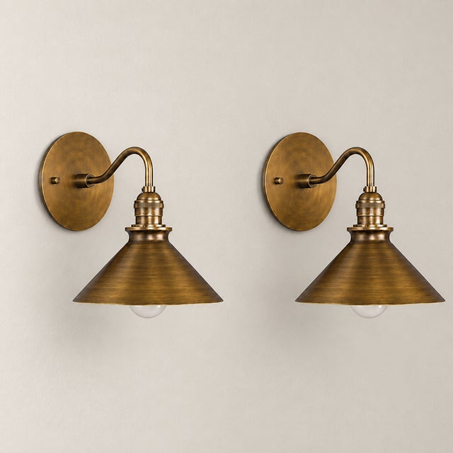 Antique Brass Cone Wall Sconces With Wide Metal Shades and Curved Arms - Pair For Sale - Image 10 of 12