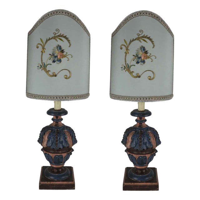 Living Room Lamps with Antique Embroidery, 1970s, Set of 2 For Sale