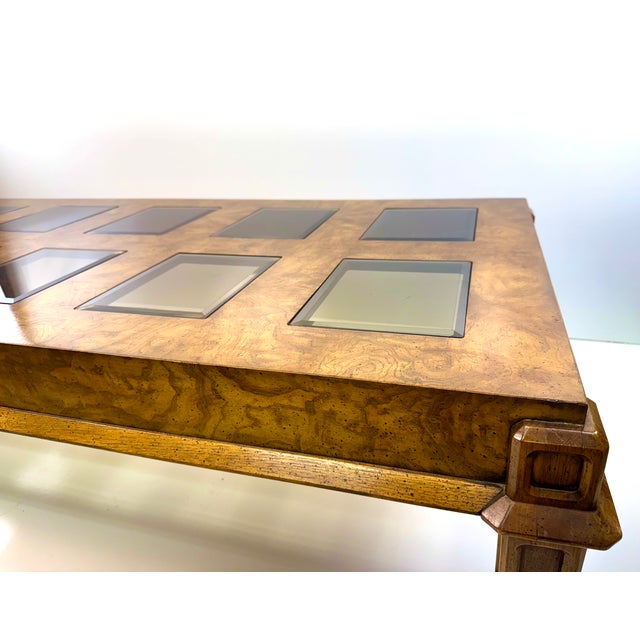 1970s Italian Burl Wood Coffee Table in the Manner of Milo Baughman With Inset Glass Panels, 1970s For Sale - Image 5 of 14