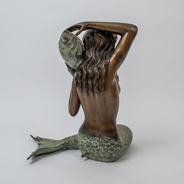 Mid 20th Century Cast Bronze Mermaid Sculpture Holding Conch Fountain For Sale - Image 4 of 10