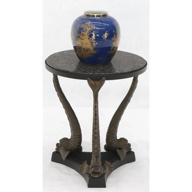 Late 20th Century Bronze Triple Dolphins Base Granite Top Round Side End Table Pedestal For Sale - Image 5 of 12