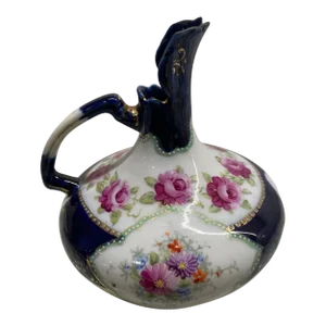 Antique Victorian / Hand Painted Nippon / Japanese Cobalt Blue Vase or Pitcher with Gilt & Floral Design