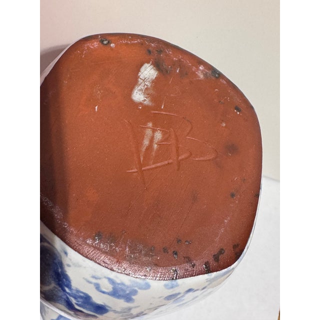 Blue Vintage Blue and White Spongeware Ceramic Pitcher by Bybee Pottery For Sale - Image 8 of 9
