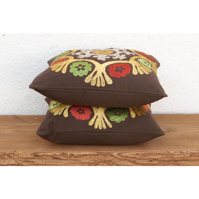Traditional Radiating Floral Suzani Pillow Covers, Pair For Sale - Image 3 of 7