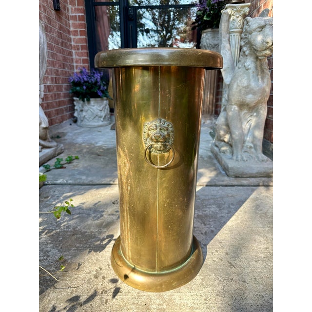 Antique Brass Lion Double Ring Handled Umbrella Stand For Sale - Image 9 of 10