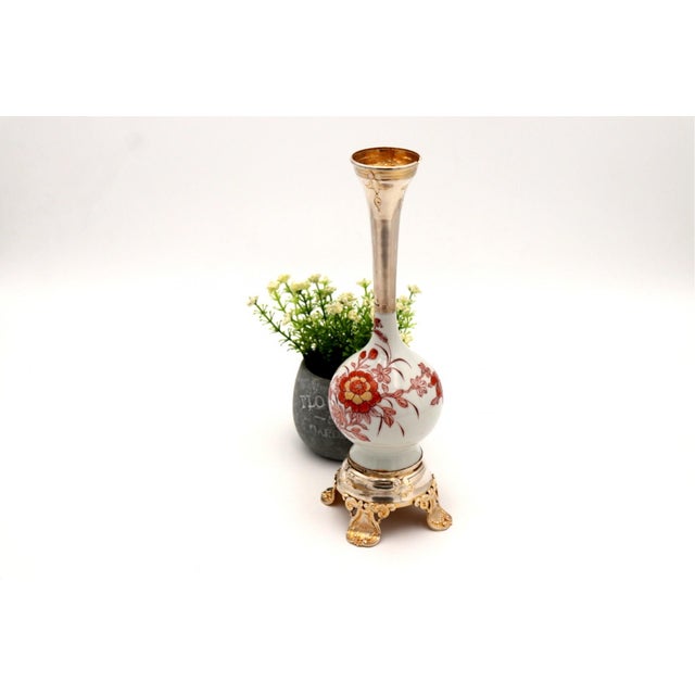 Porcelain Vase with Silver Neck and Base with Reliefs and Applications, in Good conditions.
