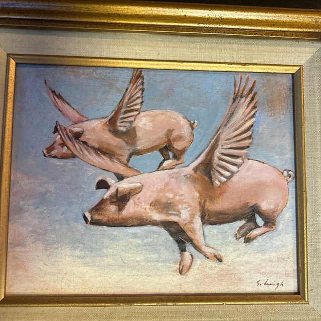 Contemporary original “When Pigs Fly” painting by Stephen Heigh. Signed and framed. Measures 10x8 or just shy of 18x16...