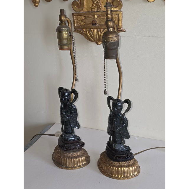 Pair of Carved Jade Figural Lamps For Sale - Image 4 of 12