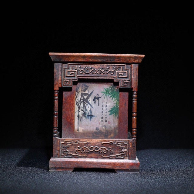 1960s Carved Hardwood Square Brush Pot, Chinoiserie Four Gentlemen Pen Holder For Sale - Image 4 of 9