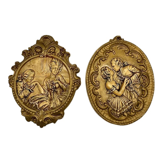 Vintage French Revival Style Lord and Lady Gilt Wall Plaques a Pair For Sale