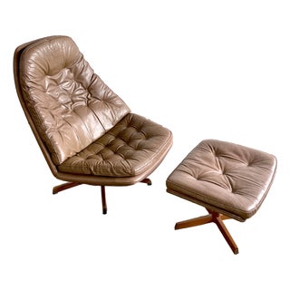 Madsen & Schubell Ms68 Leather Danish Mid Century Swivel Recliner Chair and Ottoman For Sale