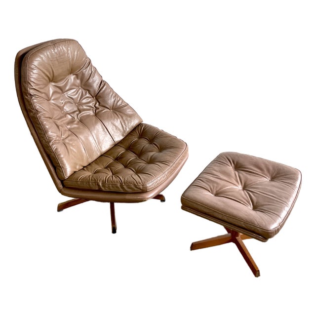 Madsen & Schubell Ms68 Leather Danish Mid Century Swivel Recliner Chair and Ottoman For Sale