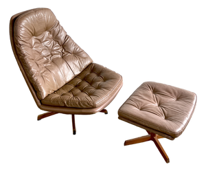 Madsen & Schubell Ms68 Leather Danish Mid Century Swivel Recliner Chair and Ottoman