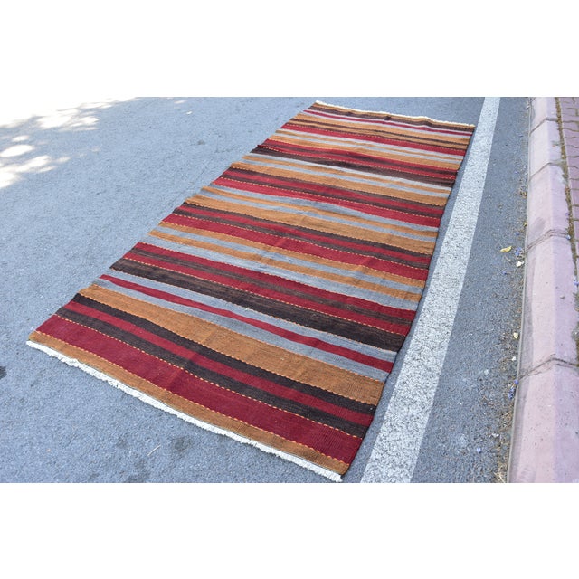 Mid-Century Modern 1960s Mid-Century Modern Striped Design Burgundy Turkish Vintage Wool Kilim Rug For Sale - Image 3 of 11