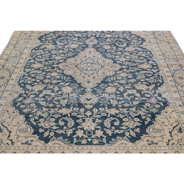 Vintage Persian Handmade Wool Rug in Blue With Rosette Motif For Sale In New York - Image 6 of 10