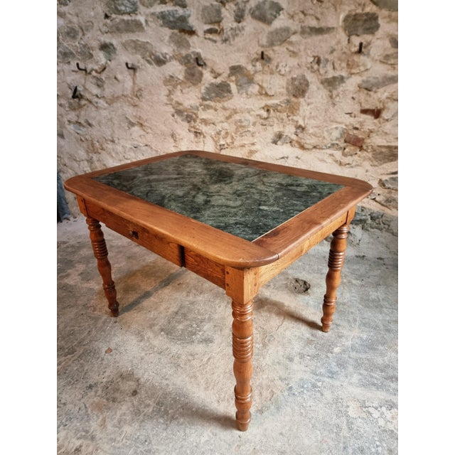 Wood French Oak and Walnut Dining Table with Marble Top For Sale - Image 7 of 18
