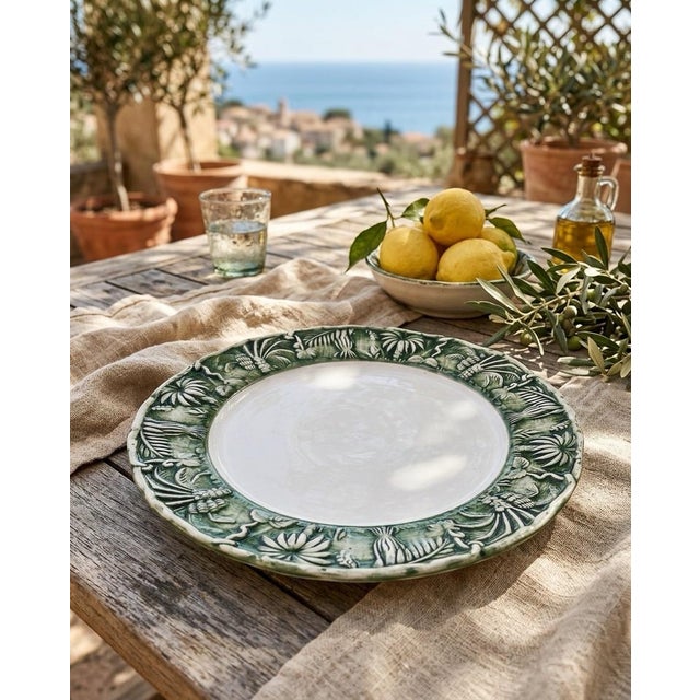 Les-Ottomans Italian Ceramic Tropical Jungle Relief Plate – Hand-Painted Green & White For Sale In West Palm - Image 6 of 9