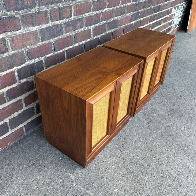 Mid-Century Modern Pair of American of Martinsville Wonderwood Walnut & Cane Nightstands For Sale - Image 3 of 12