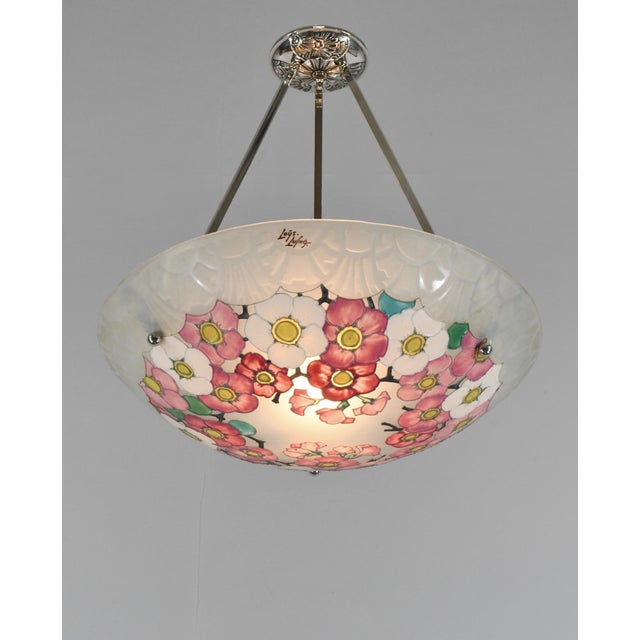 Loys Lucha French Art Deco Pendant Light 1930s - Enameled Pink Floral Bowl For Sale - Image 4 of 13