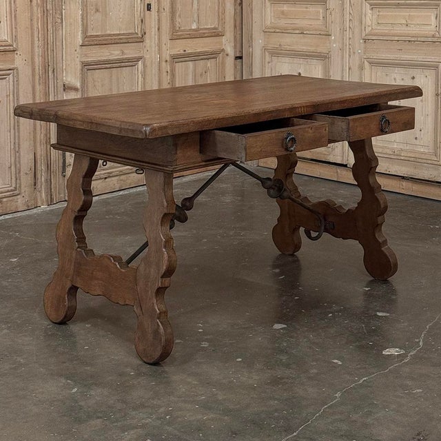 Vintage Spanish Style Two-Drawer Writing Table With Hand-Forged Iron Supports For Sale - Image 12 of 18