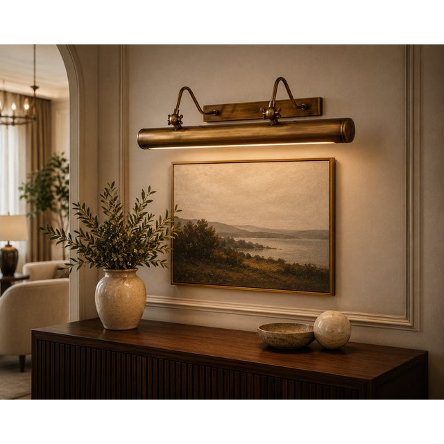 Handcrafted Solid Brass Picture Light, Antique Brass Double-Arm Adjustable Picture Light For Sale - Image 6 of 9