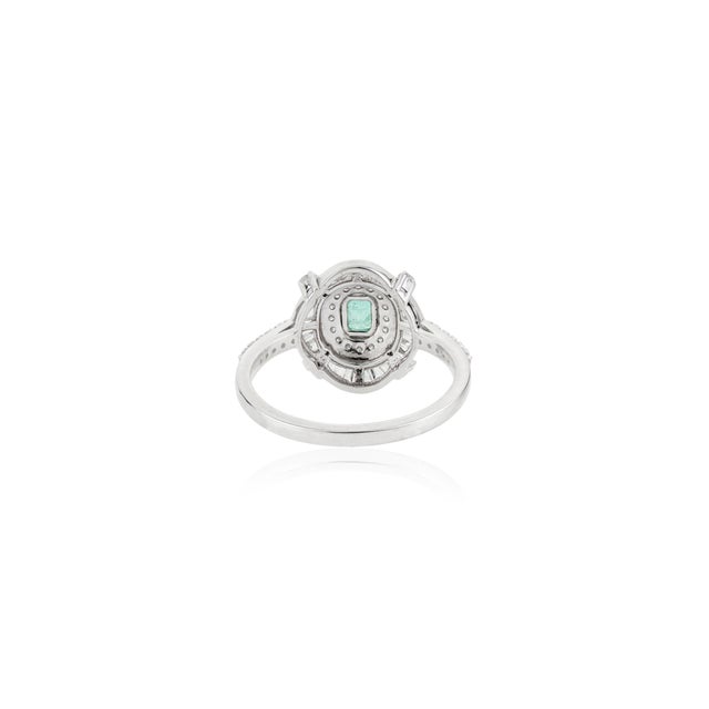 Art Deco Emerald & Baguette Diamonds Target Halo Ring in 14k White Gold Size 4 For Sale - Image 10 of 16