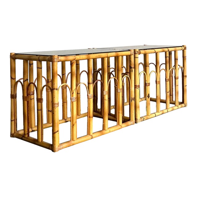 Vintage Boho Arched Rattan Side Table For Sale