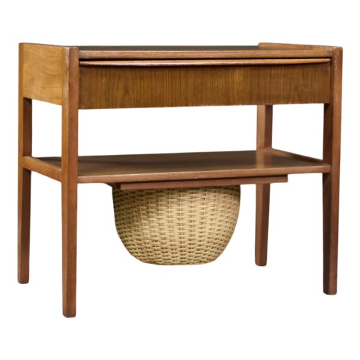 Vintage Danish Modern Teak Thread Side Table with Wicker Basket, 1960s For Sale