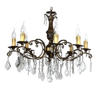 French Brass Crystal Eight-Light Chandelier, 1950s For Sale