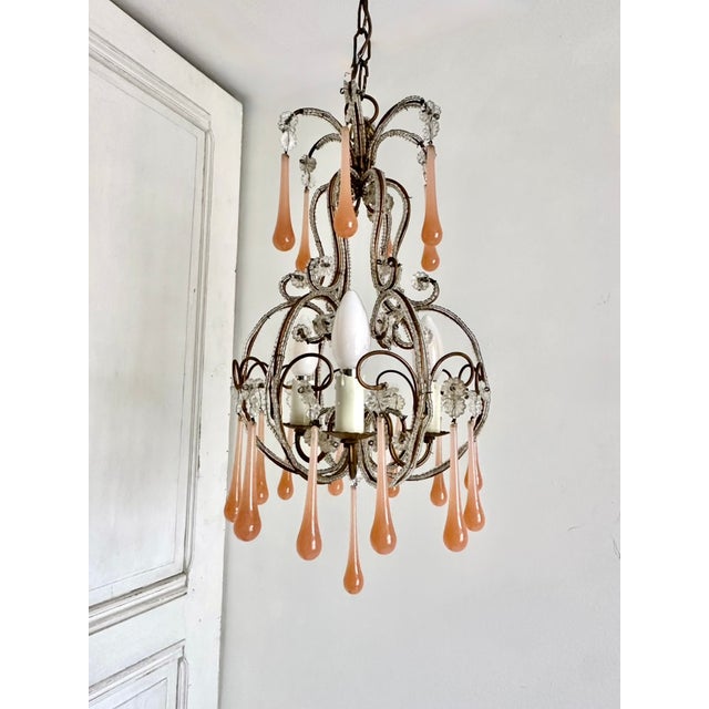 Venetian Style Beaded Brass Chandelier with Pink Murano Glass Drops, Italy, 1950s, in Flawless conditions. Designed 1920...