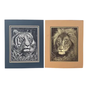 Paul M. Breeden Tiger and Lion Metal Foil Etching Art - a Pair