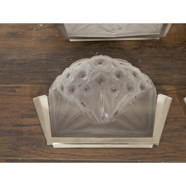 Early 20th Century Early 20th Century Art Deco Period Molded Glass Wall Sconces in Silvered Metal Mounts - Pair For Sale - Image 5 of 10