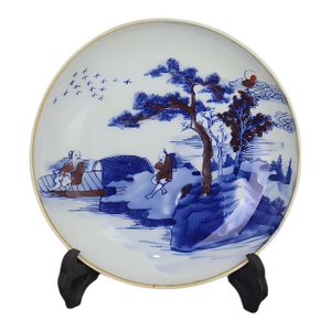 Chinese Vintage Ceramic Plate,Qing Dynasty Kangxi Marked Blue and White Underglaze Red Porcelain Plate Hand Painted Figures Pattern