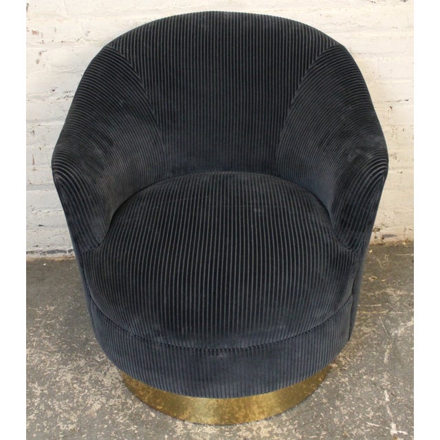 Mid-Century Modern Blue Corduroy Barrel Swivel Chair and Ottoman For Sale - Image 11 of 13