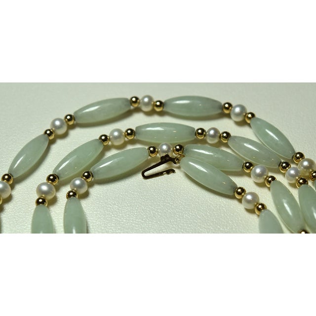 Jade Vintage Barrel Jade & Pearl 14k Beaded 26" Necklace For Sale - Image 8 of 17
