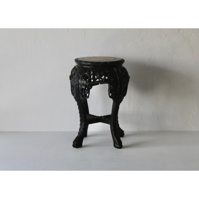Vintage Asian Carved Rosewood Style Wood Stool Plant Stand With Inset Marble Top, in good vintage condition, some repaired...