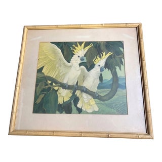 Vintage Mid-Century Jessie Arms Botke “Royal Cockatoos” Lithograph in Bamboo Frame For Sale