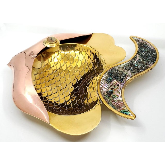 Emilia Castillo Bowl Abalone Shell Mixed Metal Fish Dish Mexico 1950s - Signed & Freshly Polished For Sale - Image 4 of 12
