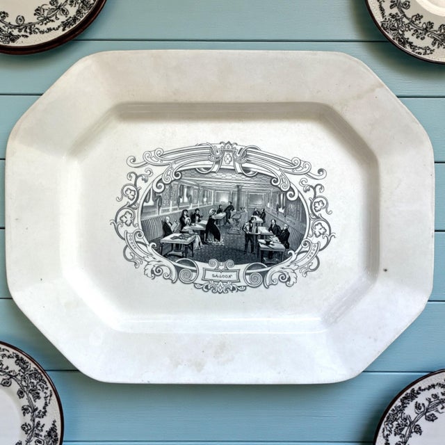 An extraordinary 18” x 14” Boston Mails Line “Saloon” platter, a highly collectible example of mid-19th-century maritime...