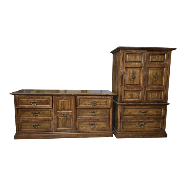 1970s Stanley Furniture Spanish Mediterranean Carved Oak Dresser Set - A Pair For Sale