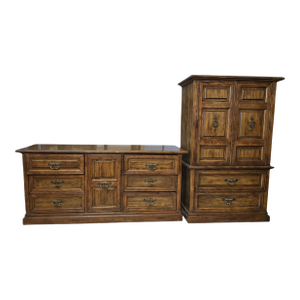 1970s Stanley Furniture Spanish Mediterranean Carved Oak Dresser Set - A Pair
